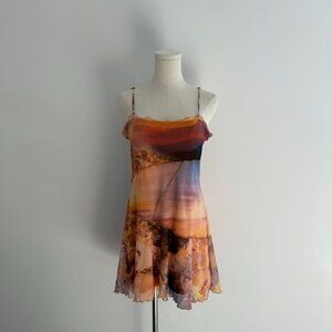 Urban Outfitters Printed Mesh Slip  Dress | Scenic Sunset Print | Women’s Size M